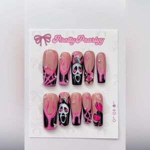 Scream Movie Halloween Ghost Face Press On Nails Long Coffin Pink & Black Size S